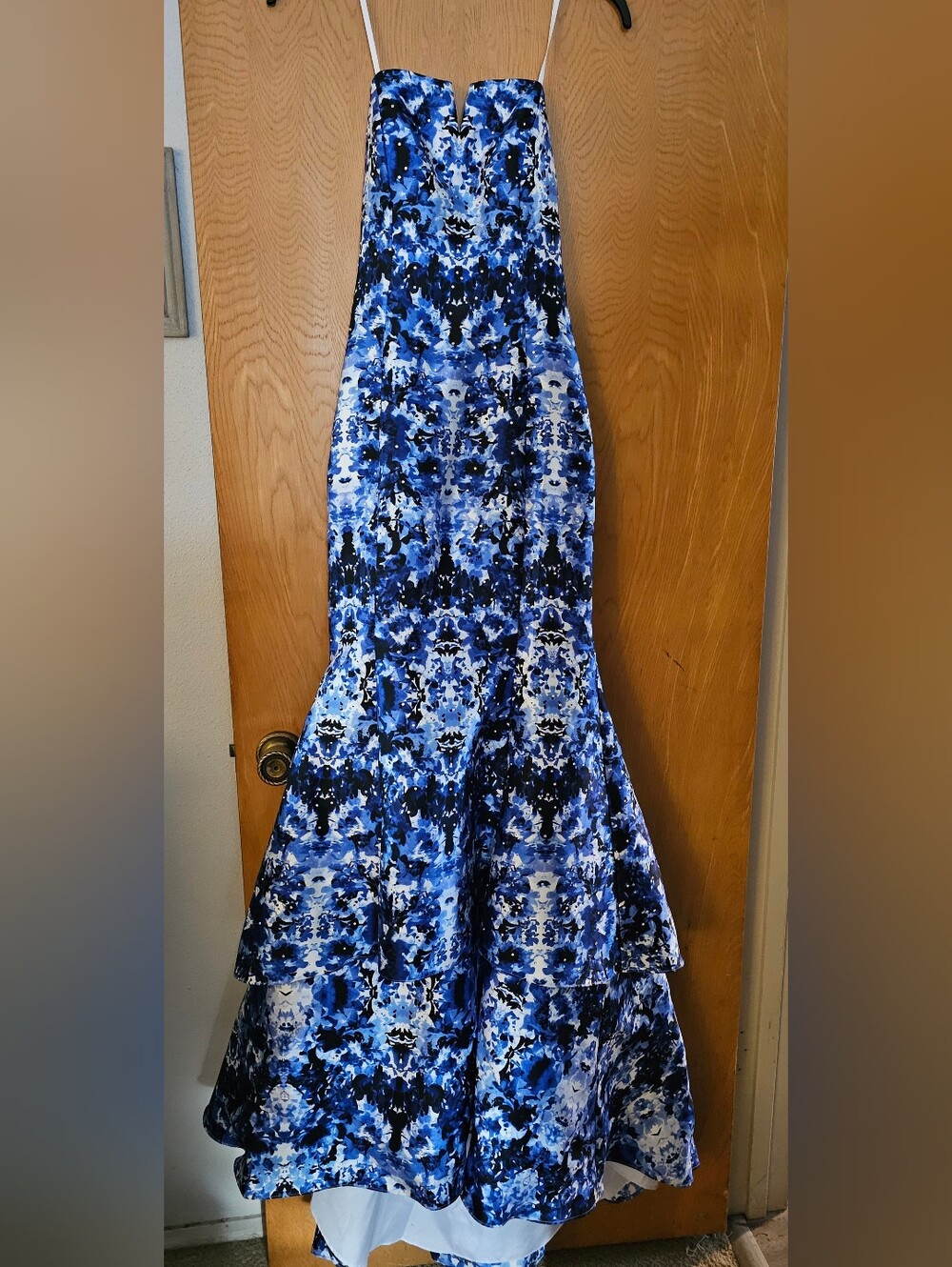 Xscape Blue and White Patterned Mermaid Gown